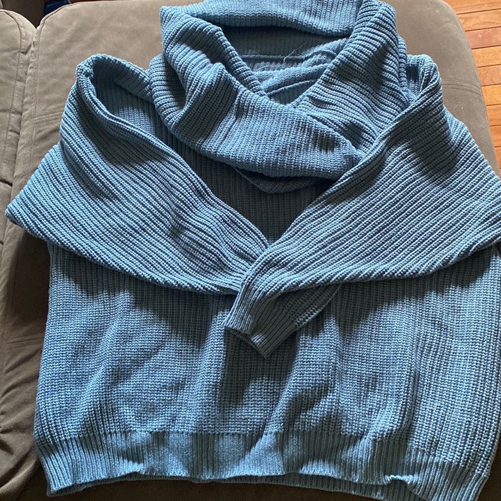 Chunky Cadet Blue Oversized Cotton Ribbed Sweater With Long Cowl Neck